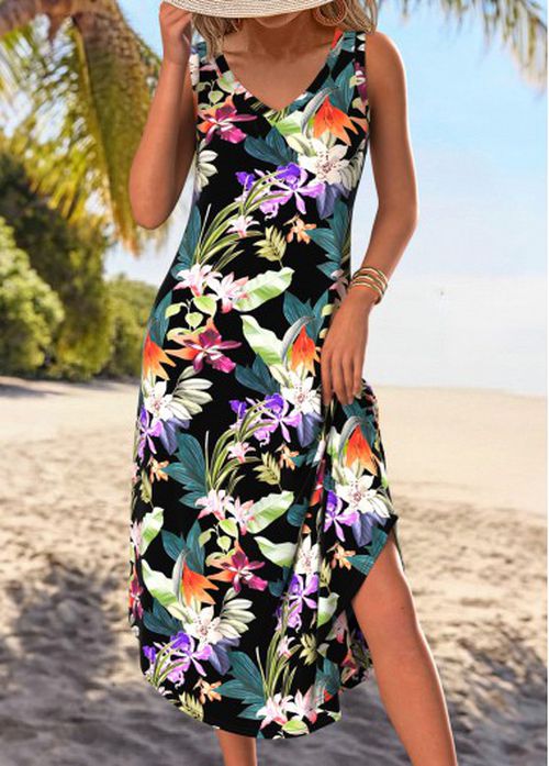 Modlily Black Tummy Coverage Floral Print A Line Sleeveless Dre