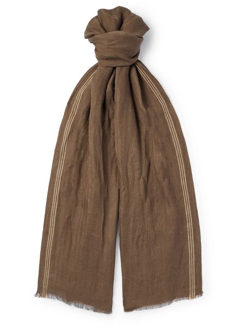 Zamami Embroidered Herringbone Linen Scarf - Men - Brown