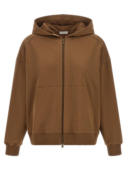 Stretch Cotton with Monile Details Hoodie — Brown