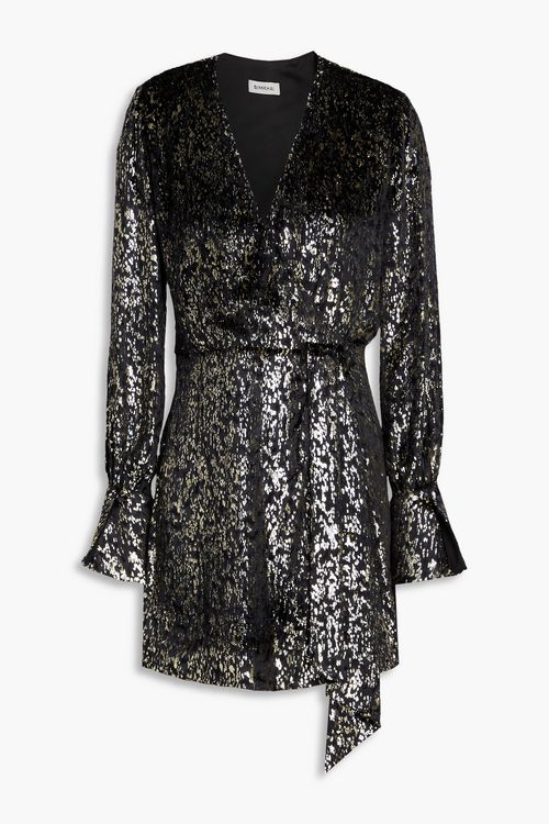 Wrap-effect metallic fil coupé devoré-velvet mini dress - Black - US 2
