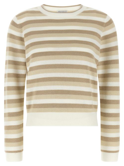 Striped Cotton Crew Neck Sweater — Beige