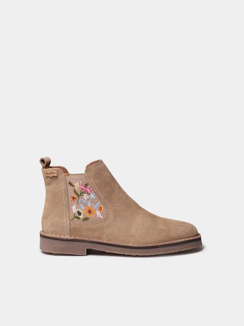 Split leather ankle boot with floral embroidery for women - BISBA
