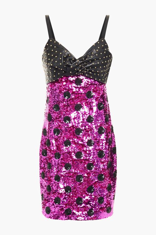 Studded leather and polka-dot sequined tulle mini dress - Pink - IT 44