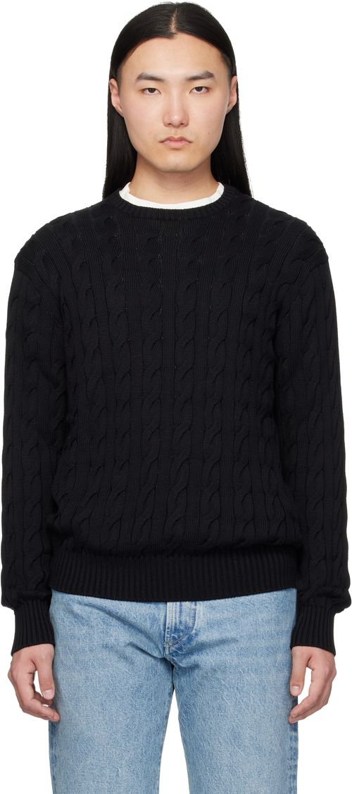 Black Cotton Silk Cable Crewneck Sweater
