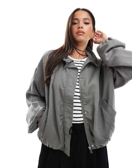 Washed ruched funnel neck jacket in charcoal-Grey