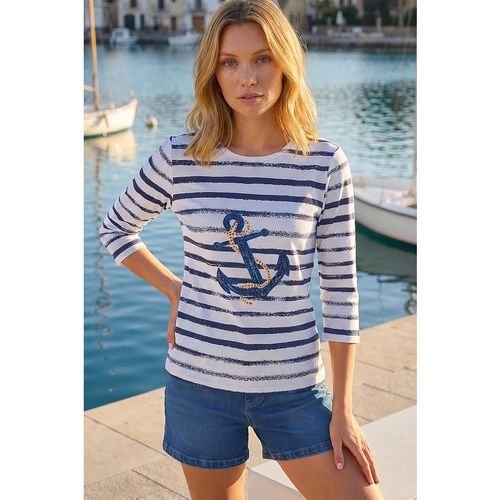 Roman Womens Anchor Striped Hotfix Top - Blue