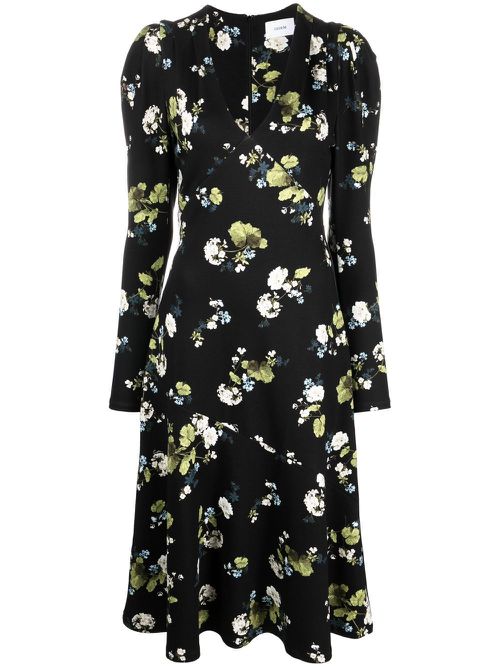 Floral-print puff-shoulder dress - Black