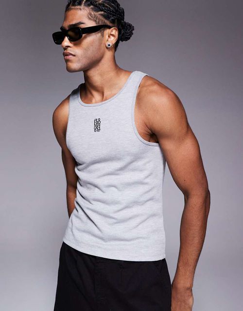 ASOS DESIGN muscle fit high scoop neck tank top heavyweight 300gsm with chest logo embroidery in heather gray