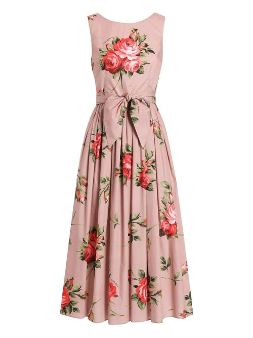 Rose Bouquet-Print Cotton Pleated Dress