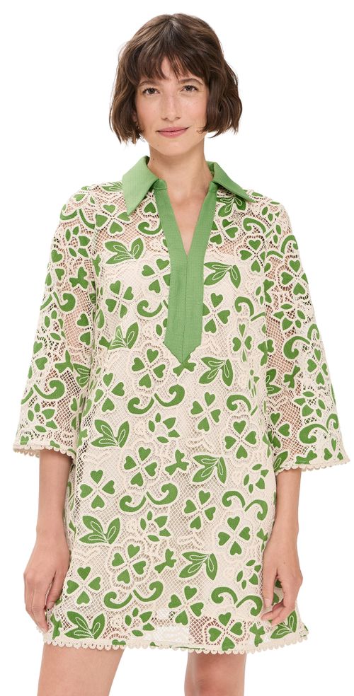 Embroidered Collar Mini Dress Green/Natural