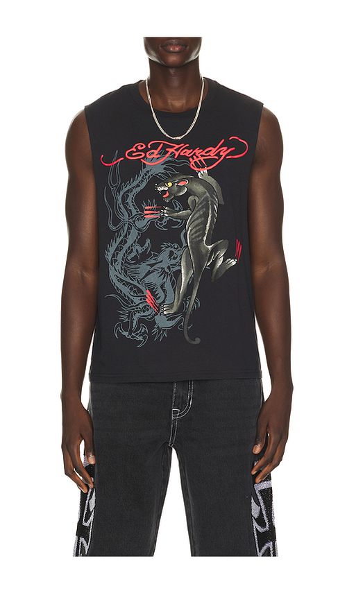 Ed Hardy Panther Rose Cut Off Tee in Black. S. Also in M, L, XL/1X