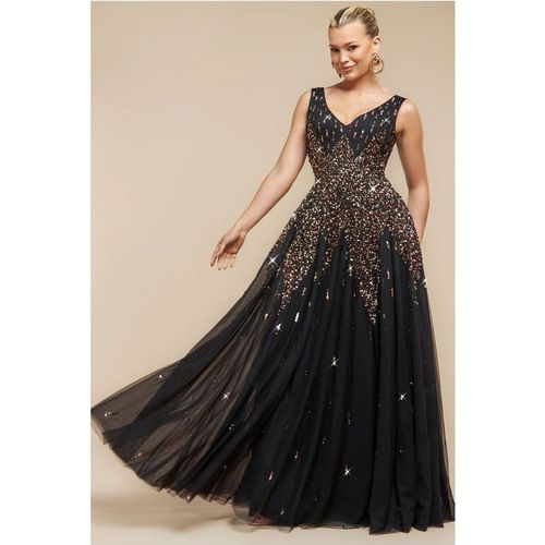 Goddiva Sunray Hand Embellished Sequin A-Line Sleeveless Maxi Dress - Black