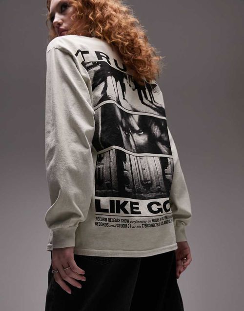 Graphic truth oversized long sleeve skater tee in ecru-White
