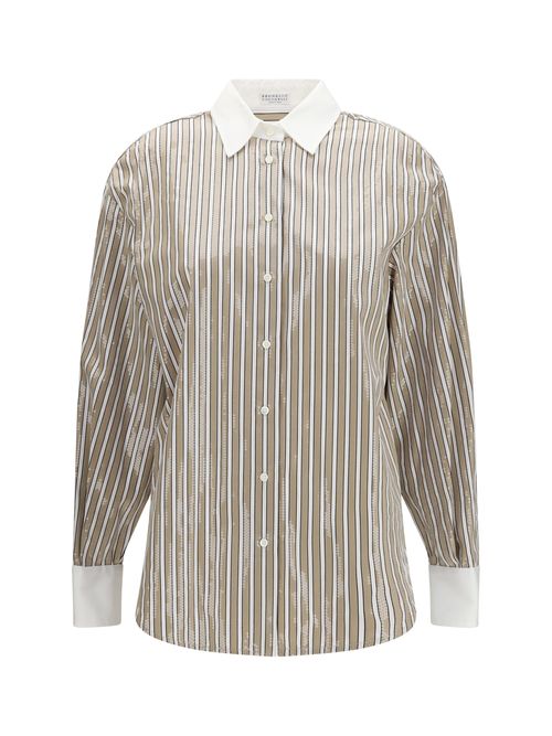 Sequin-Embellished Striped Cotton Shirt — Beige