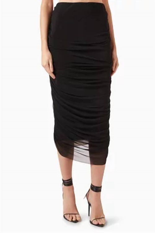 Donna Ruched Midi Skirt In Mesh Black