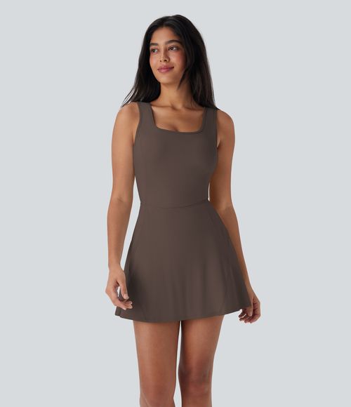 SoftlyZero™ Airy U Neck 2-in-1 Pocket Mini Cool Touch Dance Active Dress-Easy Peezy Workout Dress - Chocolate Martini