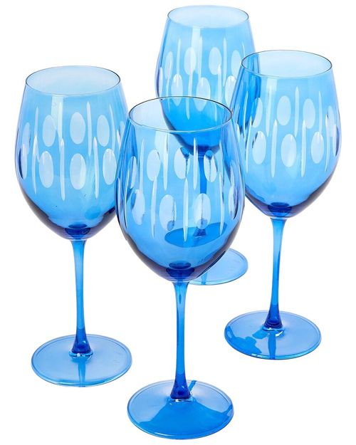 Set Of 4 Sparkling Cut Hand-Engraved Stemmed Wine Glasses