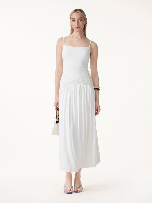Not-See-Thru Spaghetti Gathered Maxi Bra Dress - Pure White