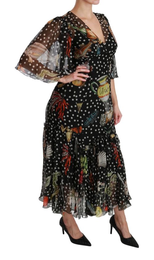 Printed Silk A-Line Dress — Black