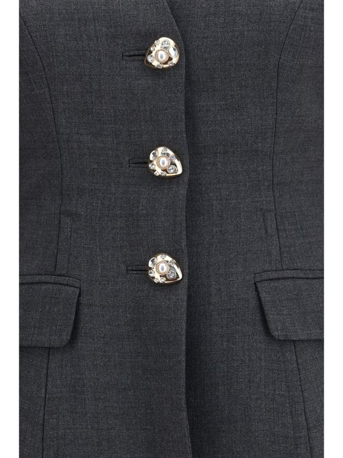 Pearl-Embellished Collarless Blazer — Gray