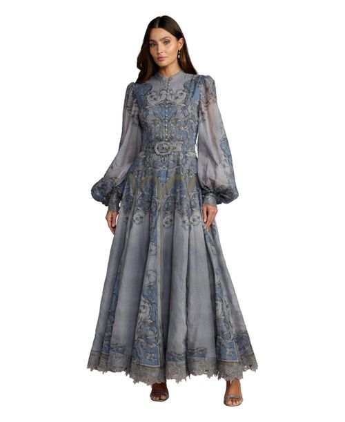 Petite Baroque Print Bishop Sleeve A-Line Ankle Dress - Slate blue
