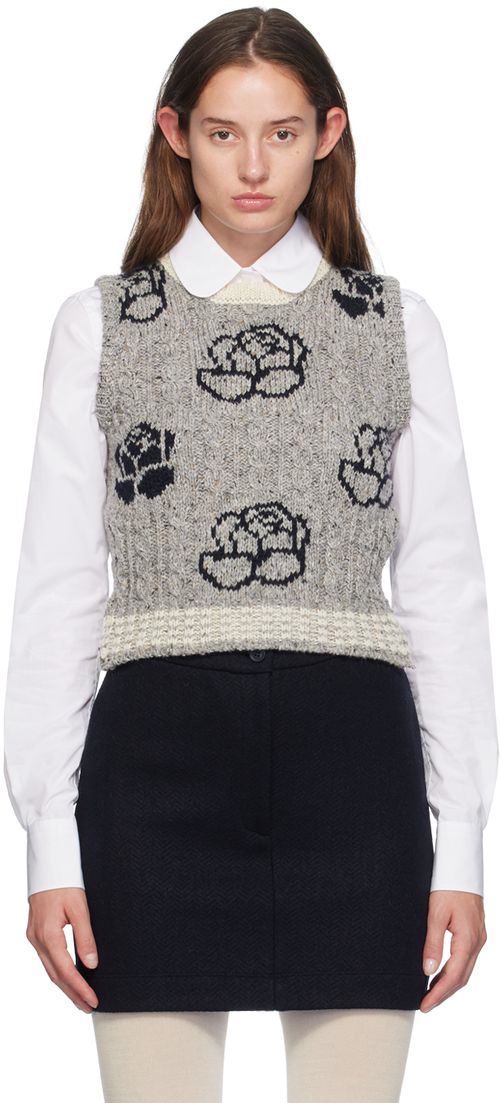 Thom Browne Gray Donegal Cable Check & Rose Vest