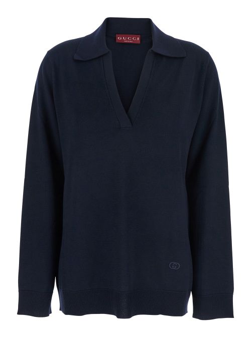 Wool Polo Collar Sweater — Navy