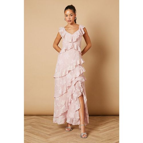 Oasis Womens Ruffle Jacquard Print Maxi Dress - Pink