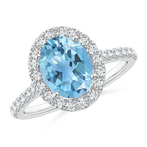 Angara 2.25 Carats Prong-Set Oval Swiss Blue Topaz Halo Ring with Diamond Accents in Platinum