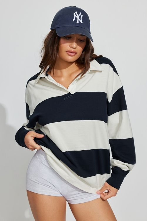 Relaxed Longsleeve Rugby Shirt - Blue - Women Clothing