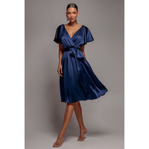 Goddiva Satin Flutter Sleeve Wrap Midi Dress - Navy Blue