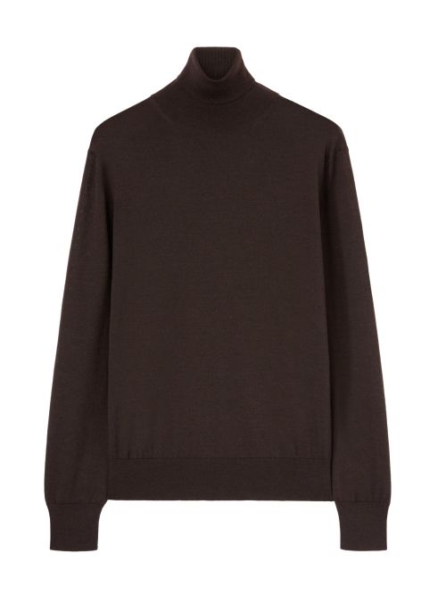 Wool-Silk-Cashmere Blend Turtleneck Sweater — Brown