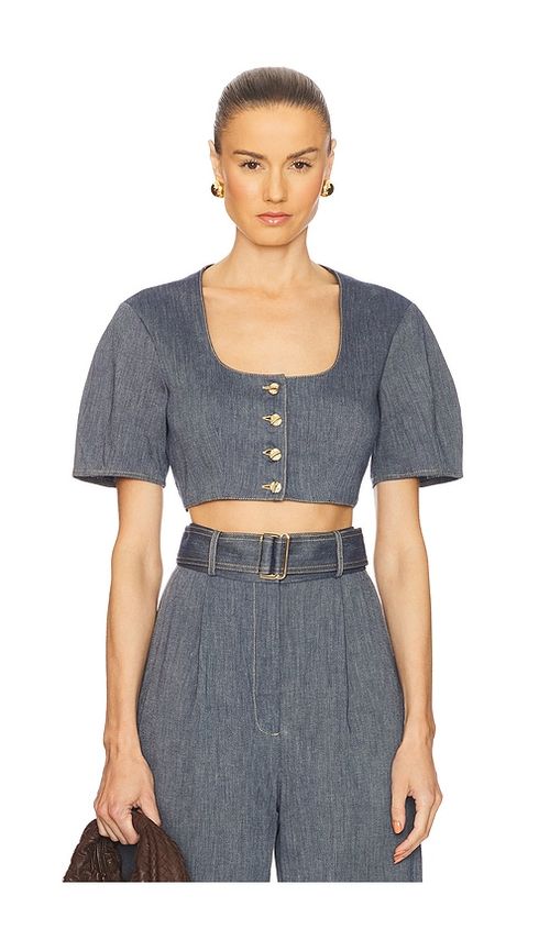 MATTHEW BRUCH Apron Puff Sleeve Crop Top in Slate. -  6 also in 0, 10, 2