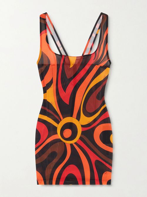 Printed Mesh Mini Dress - Orange