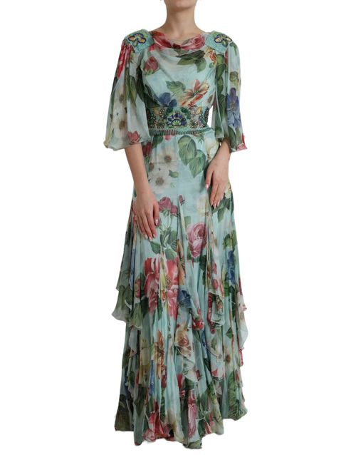 Floral Print Silk Dress — Blue