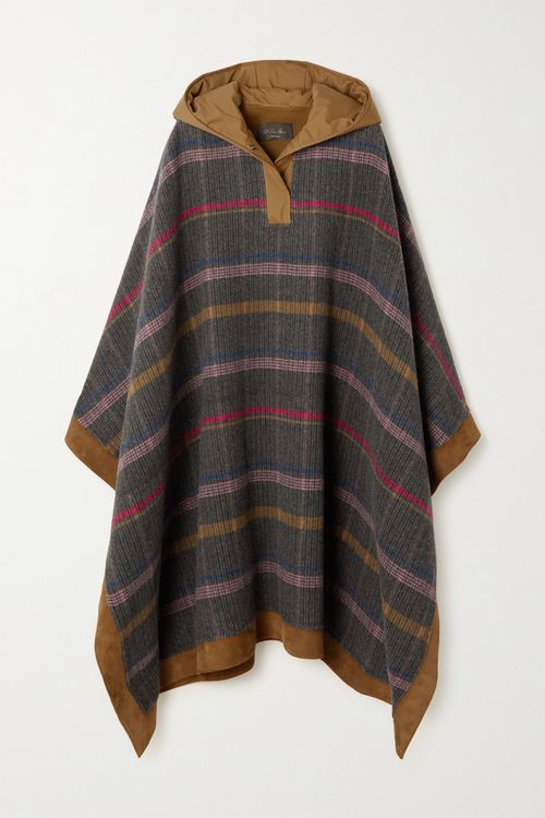 Chandra Hooded Suede And Shell-trimmed Checked Cashmere Cape - Dark gray - One size