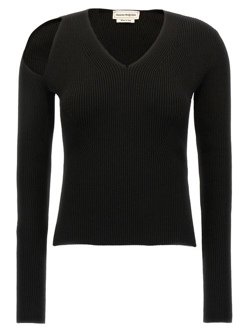 Ribbed Wool with Cut-Out Shoulder Sweater — Black