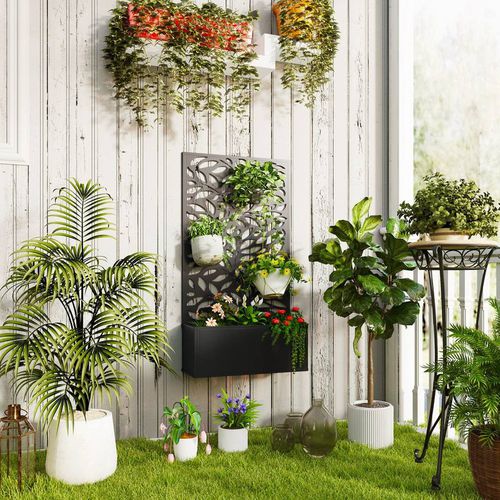 Outsunny Metal Raised Garden Bed With Trellis, Outdoor Elevated Planter Box In Black