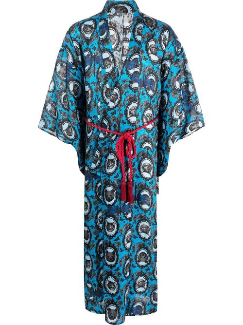 Japonica graphic-print belted gown - Blue