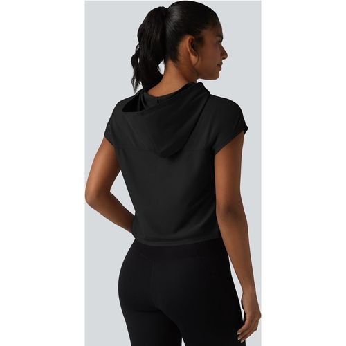 Halara Hooded Cap Sleeve Cropped Breathable Mesh InstantCool Quick Dry Running Sports Top-UPF50+ - Black