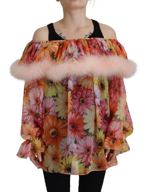 Floral Silk with Fur Shearling Blouse — Multicolor