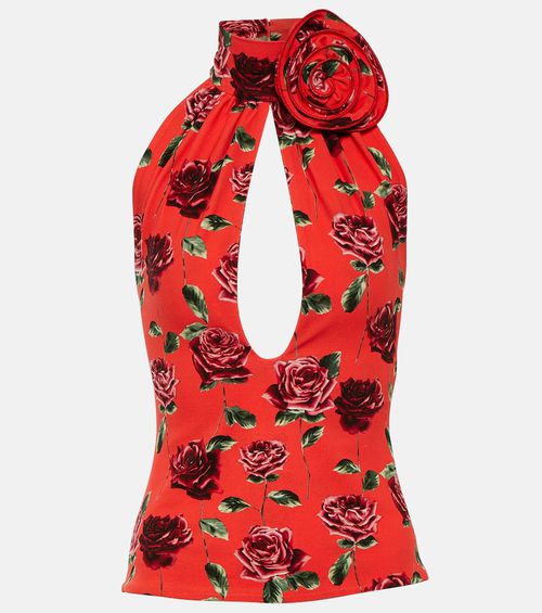 Floral-appliqué cutout halterneck top