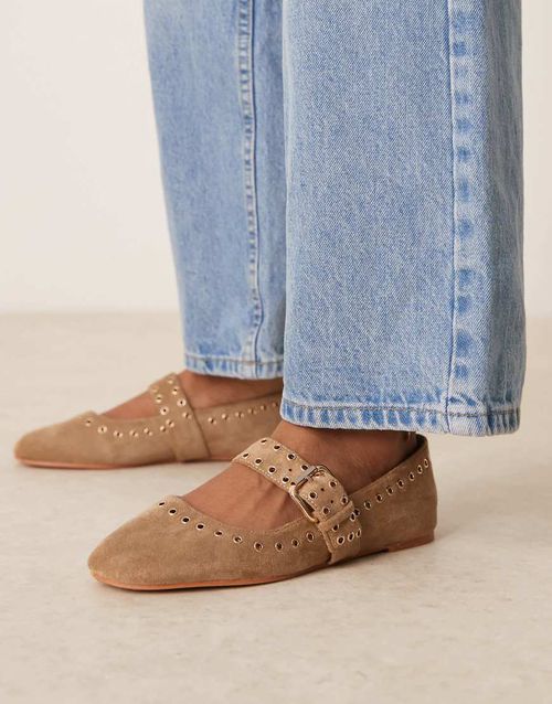 ASOS DESIGN Larson eyelet mary jane ballets in taupe suedette-Green