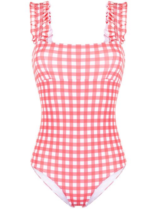 Checked ruffle-trimmed swimsuit - Pink