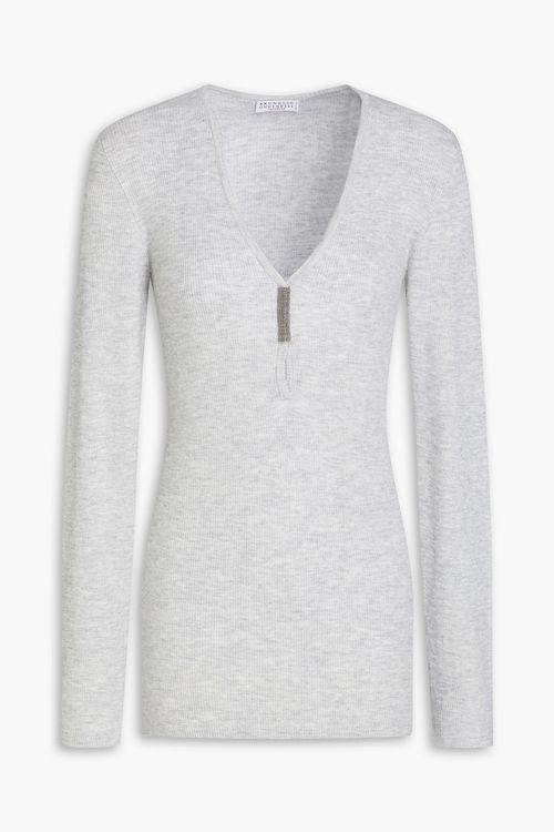 Bead-embellished cutout ribbed-knit top - Gray - XXL