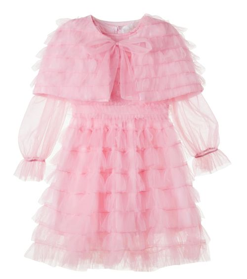 Cape-detail ruffled tulle dress