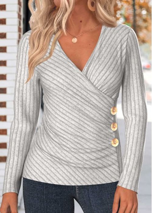 Modlily Light Grey Button Long Sleeve V Neck T Shirt