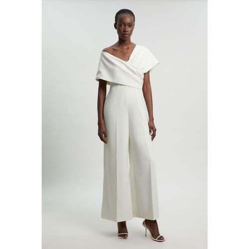 Karen Millen Womens Petite Compact Viscose Stretch Tailored Off Shoulder Jumpsuit - White