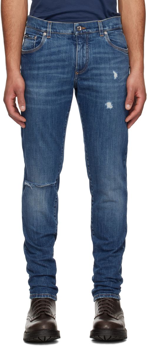 Dolce & Gabbana Navy Slim-Fit Stretch Cotton Logo Embroidery Jeans