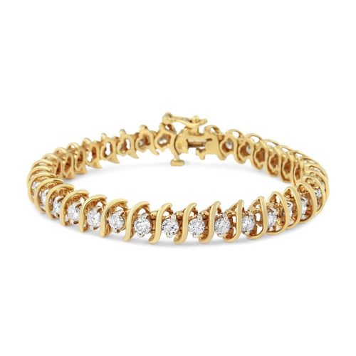 AGS Certified 18K Yellow Gold 5.00 Cttw "S" Link Wrapped 2-Prong Set Round Brilliant Diamond Tennis Bracelet